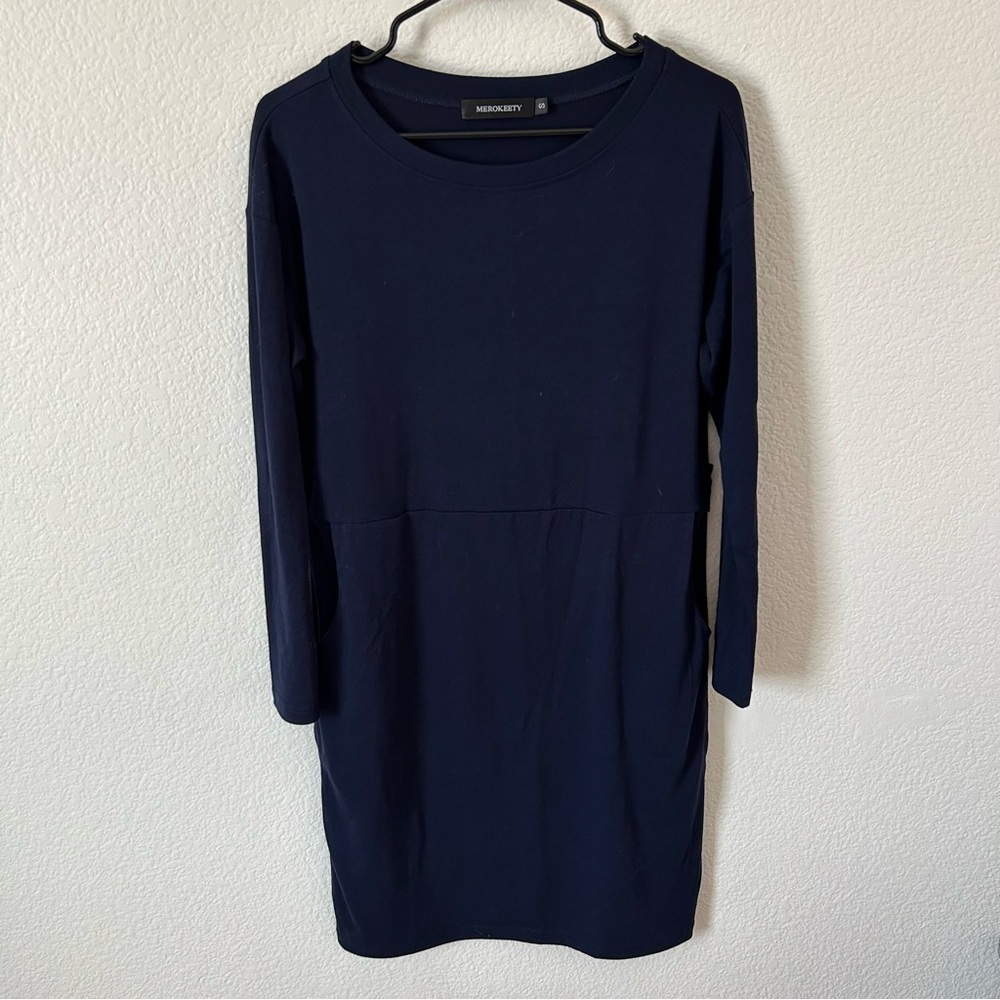 Blue Long Sleeve Business Casual, Office Attire, Conservative Crew Neck Dress